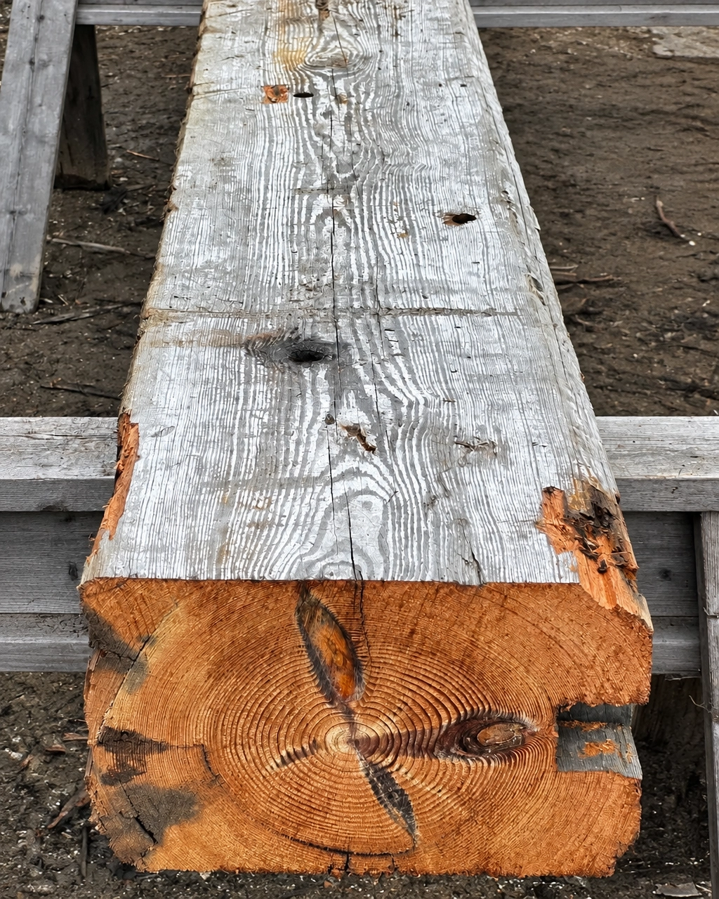 Long reclaimed timber on sawhorses showing the weathered grey face and the tight growth rings in the sawn end grain.