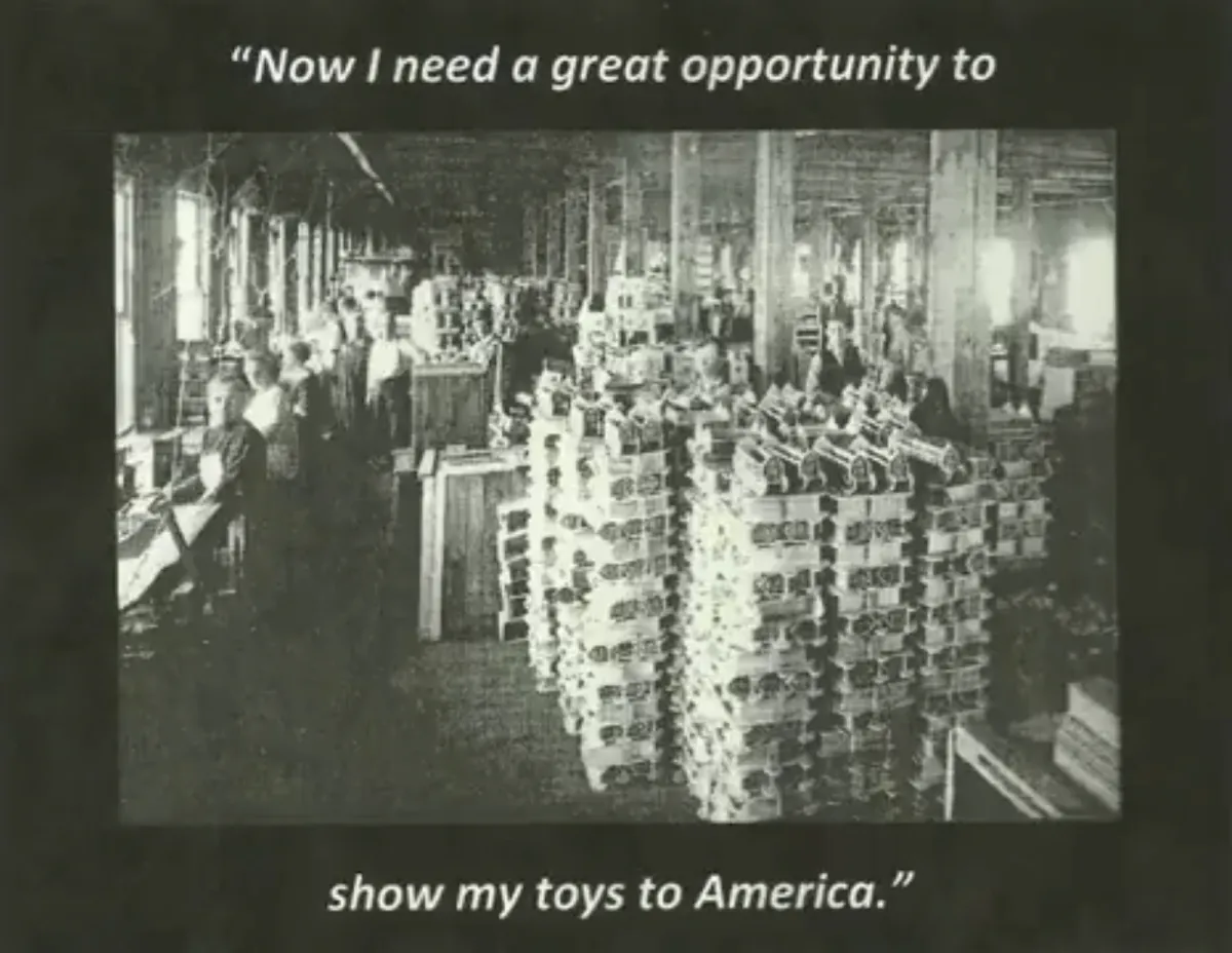 Historic black and white photograph of workers making toys